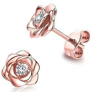 Rose Gold Plated Flower Stud Earrings WHITE Cubic Zirconia Women Classy Jewelry